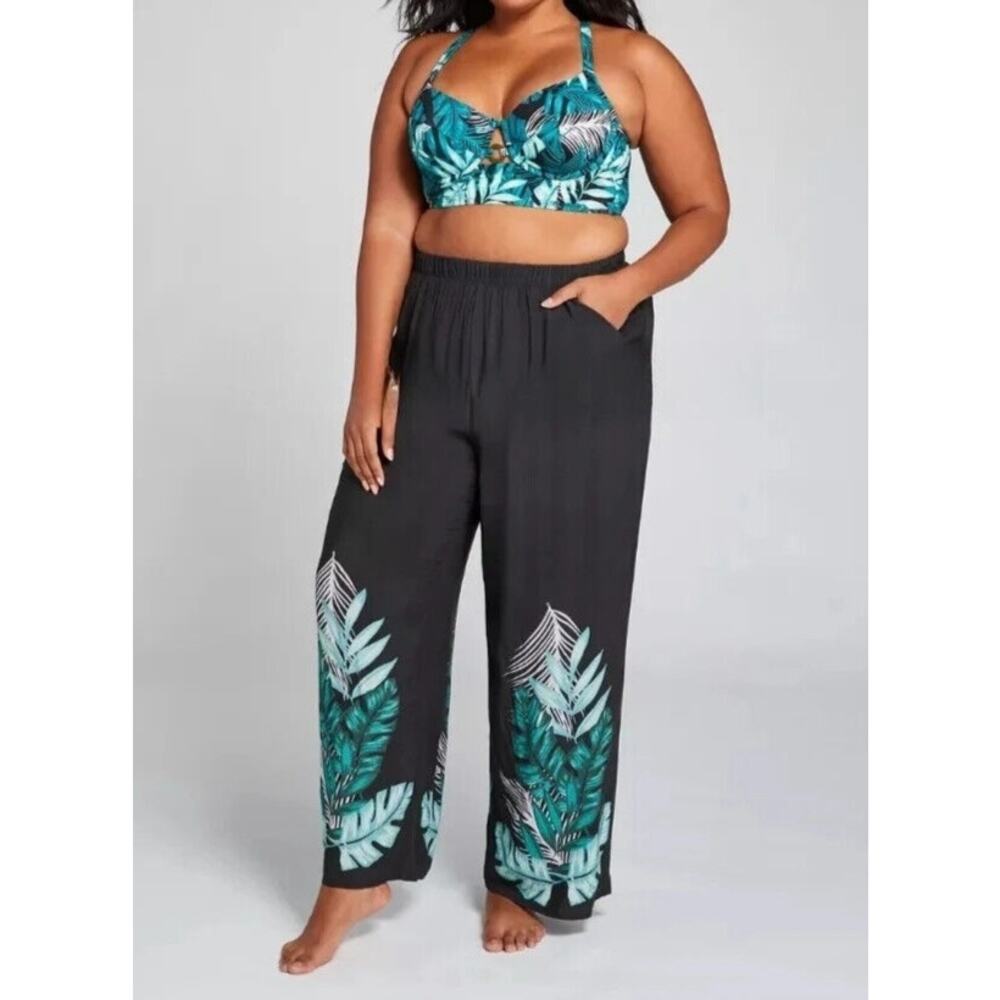 Swim by Cacique Black Tropical Leaf Wide Leg Pull-on Cover-up Pants 18/20